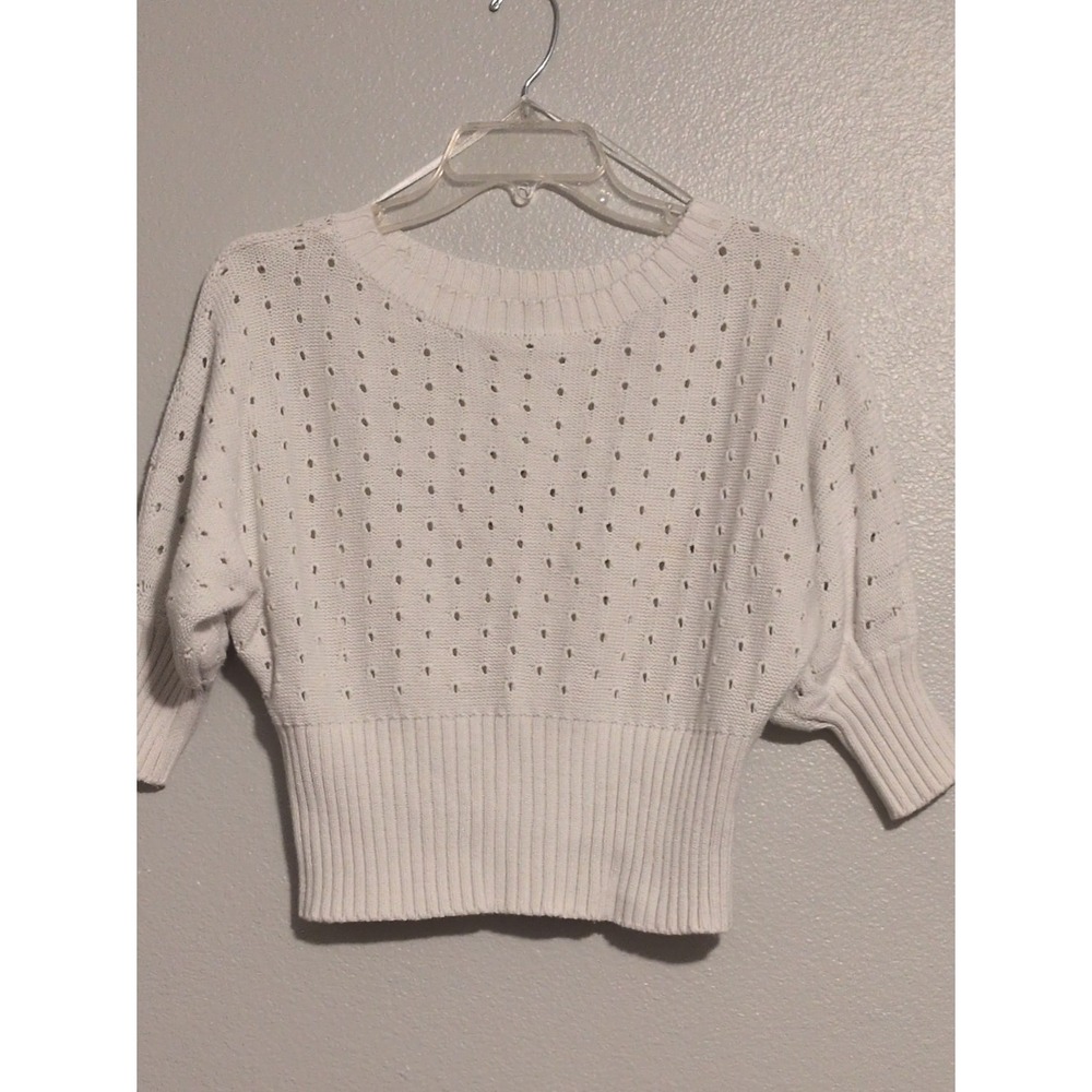 Women's White Pointelle Knit Cropped‎ Sweater Dolman Sleeve Medium